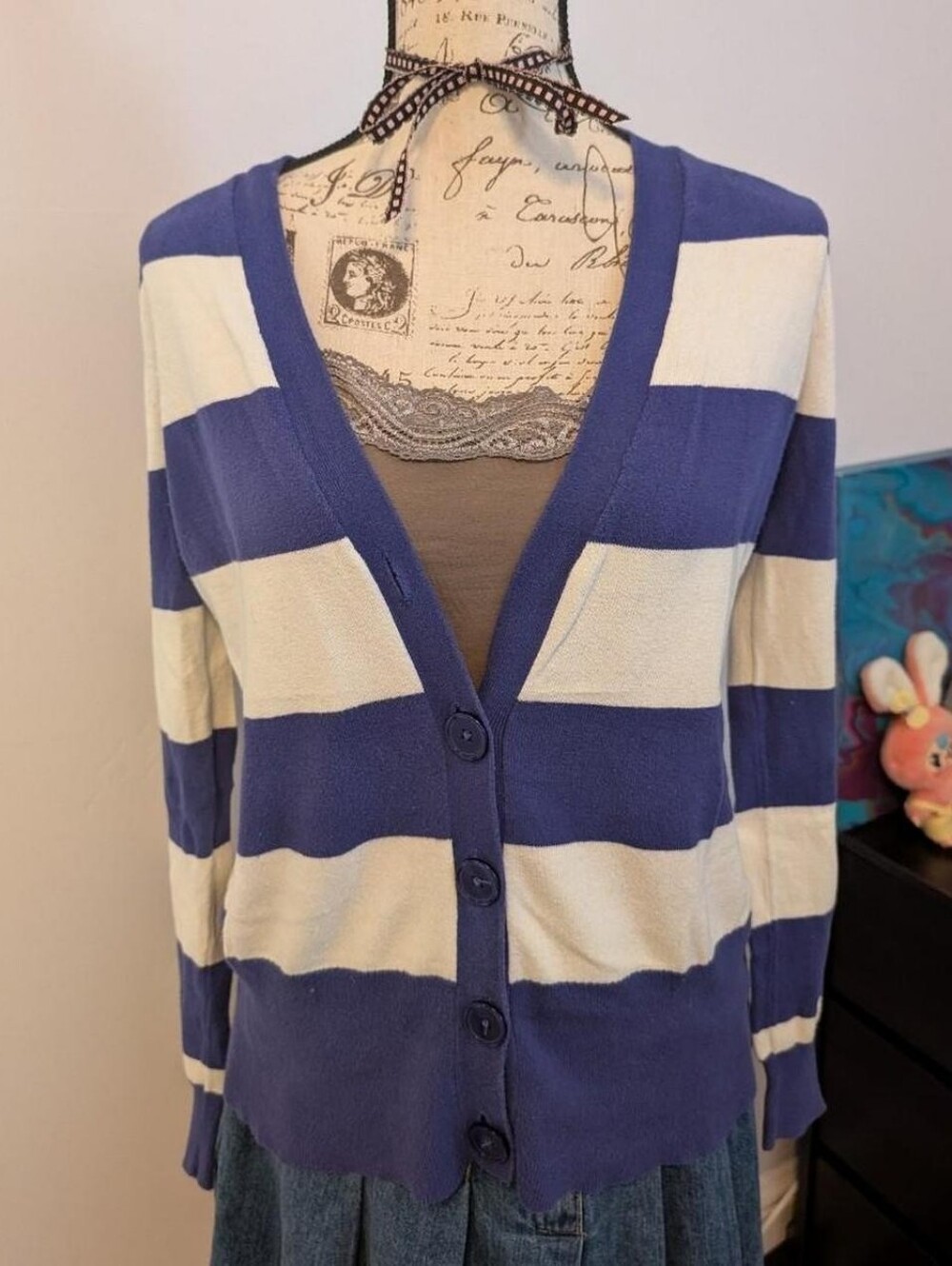 dELiA*s Blue and Cream Striped V-Neck Button Cardigan
